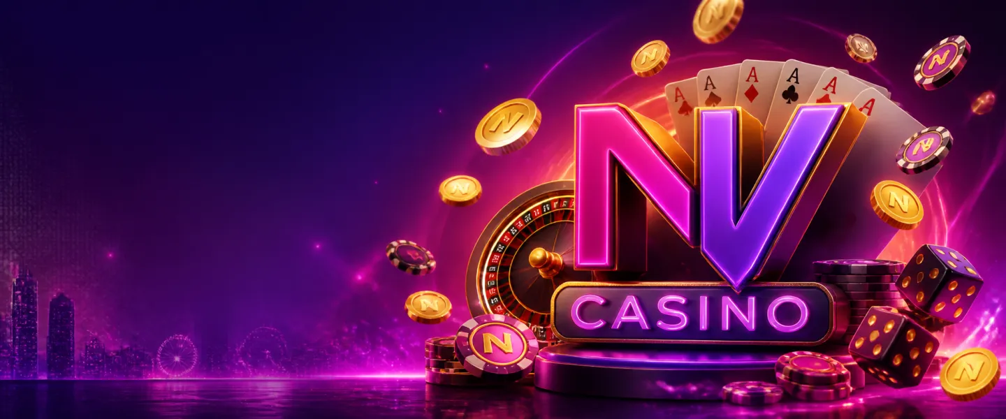 Dynamic promotional banner for NV Casino with purple-magenta neon glow and luxurious gaming atmosphere