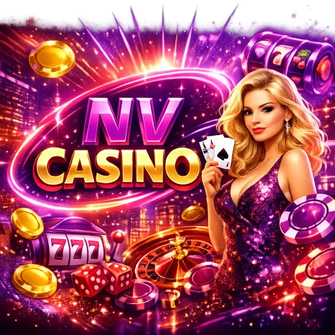 Dynamic promo image showcasing NV Casino's purple-magenta neon theme with premium iGaming atmosphere.